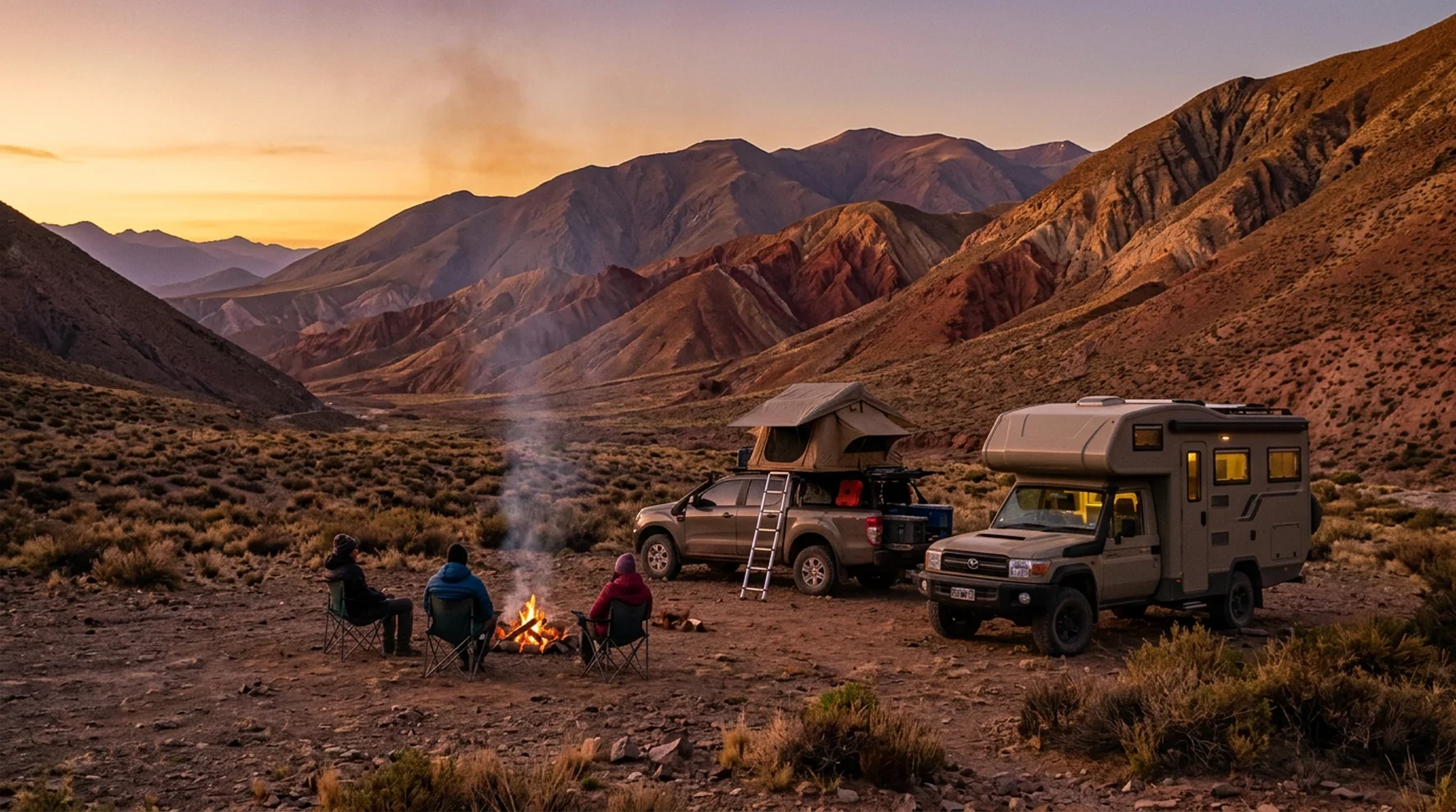 Un motorhome y una camioneta 4x4 acampados en un valle al atardecer, con tres personas junto al fuego